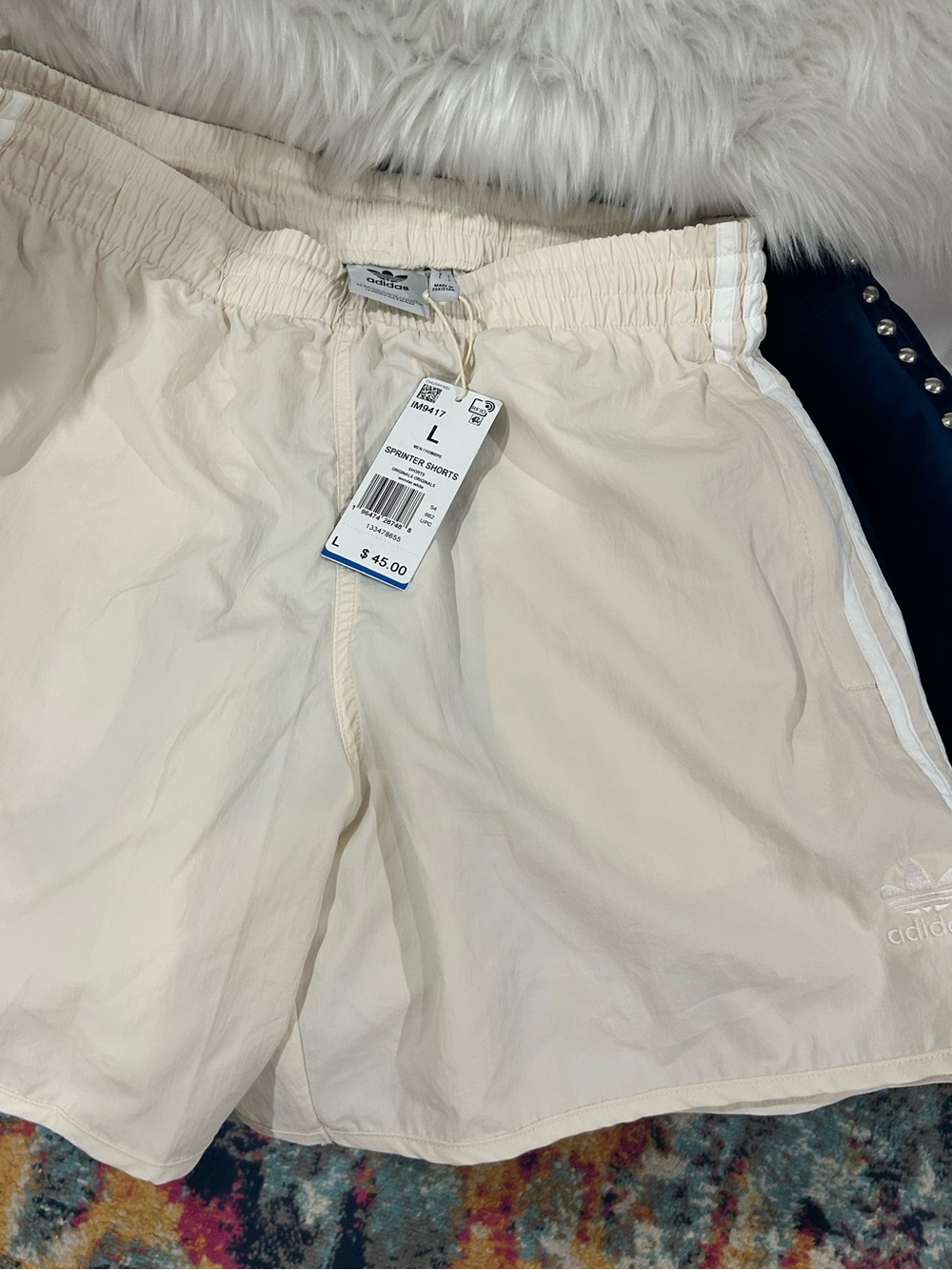 adidas Men’s Cream Athletic Shorts with White Side Stripes